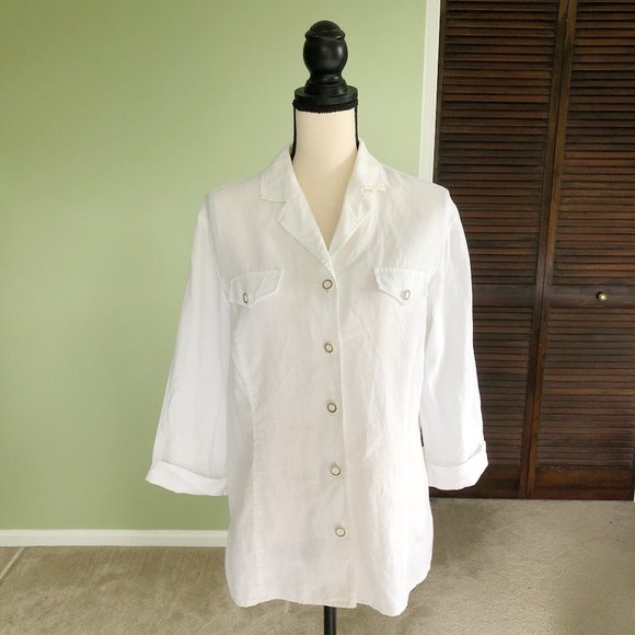 JM Collection Tops - White Linen Button Down Blouse